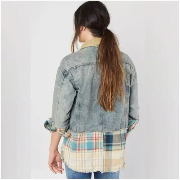 Free People XS/S Sirius Plaid Denim Trucker Shirt Jacket Shacket Bohemian - Picture 5 of 16
